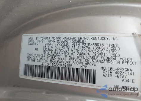 2002 Toyota Sienna Le z USA, uszkodzony, nr VIN 4T3ZF13C22U440155